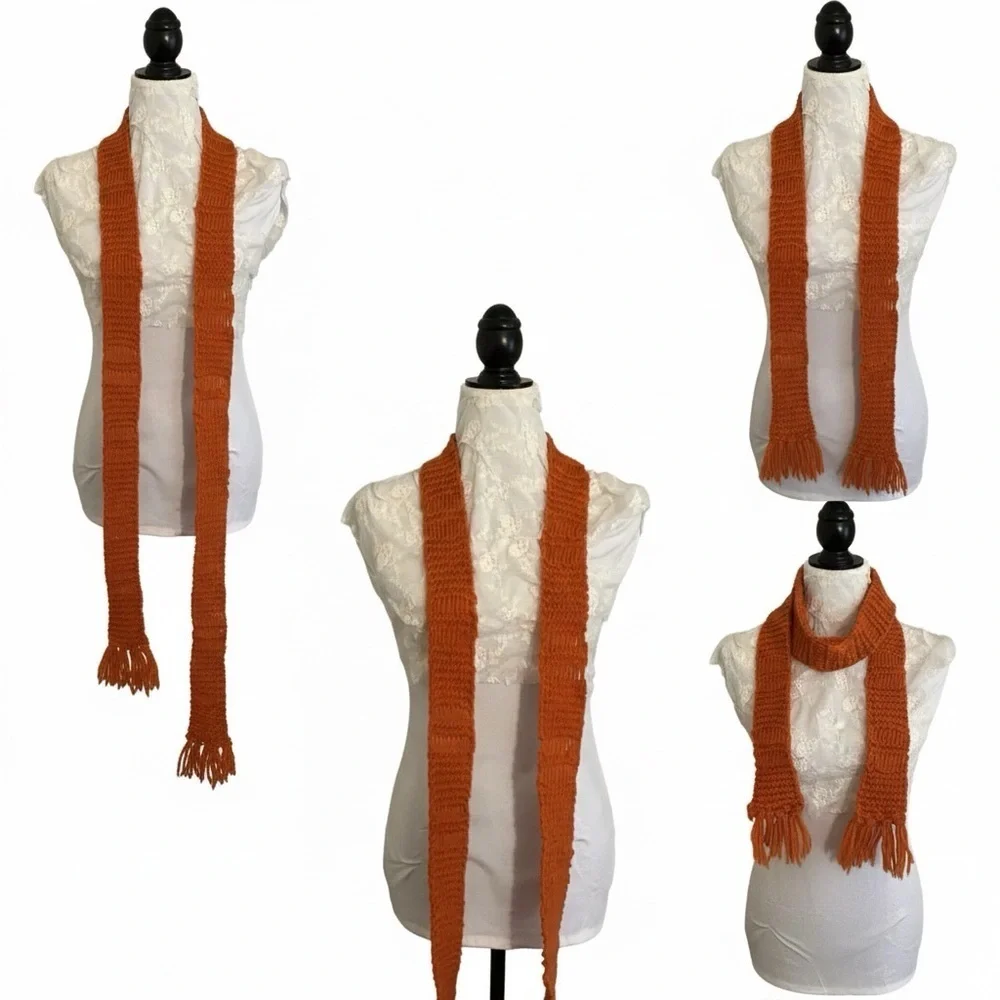 Burnt Orange Ribbed Knit Fringe Long Scarf
